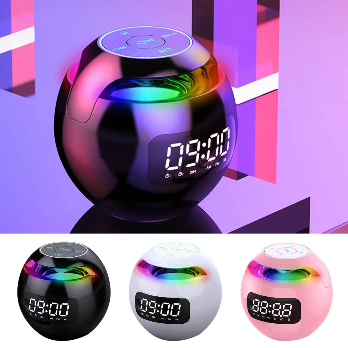 LED Digital Smart Alarm Clock Spherical Digital Clock 2000mAh LED Screen Desk Clocks Bluetooth 5.0 Speaker TF Card FM Radio - Omega Lifestyles