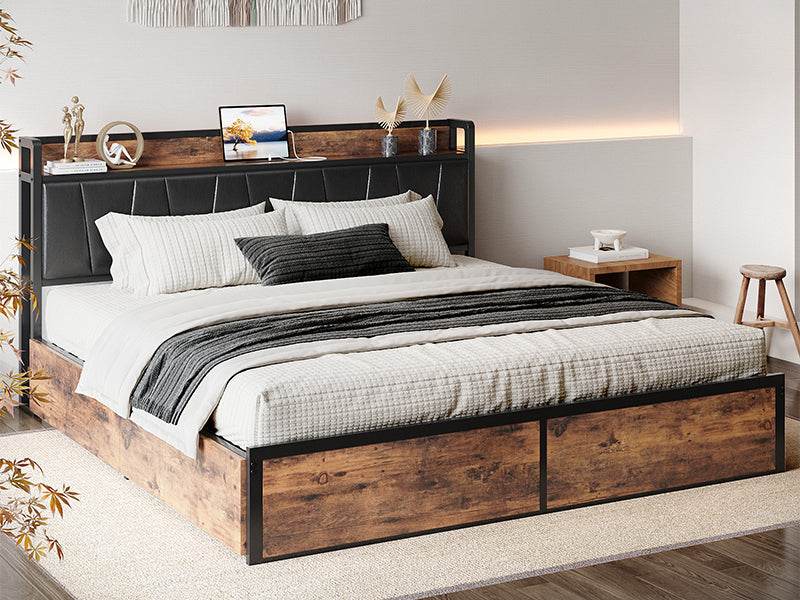 LIKIMIO King/CaliforniaKing Bed Frame with Storage Drawers, Platform Bed with Charged Headboard, No Box Spring Needed - Omega Lifestyles