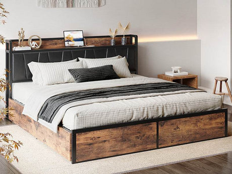 LIKIMIO King/CaliforniaKing Bed Frame with Storage Drawers, Platform Bed with Charged Headboard, No Box Spring Needed - Omega Lifestyles
