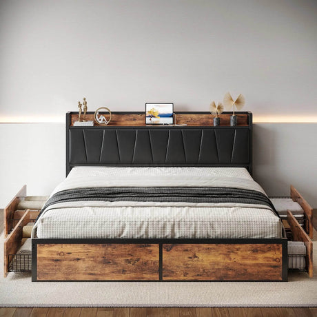 LIKIMIO King/CaliforniaKing Bed Frame with Storage Drawers, Platform Bed with Charged Headboard, No Box Spring Needed - Omega Lifestyles