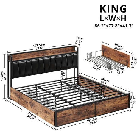 LIKIMIO King/CaliforniaKing Bed Frame with Storage Drawers, Platform Bed with Charged Headboard, No Box Spring Needed - Omega Lifestyles