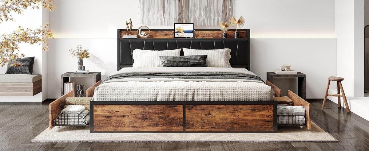 LIKIMIO King/CaliforniaKing Bed Frame with Storage Drawers, Platform Bed with Charged Headboard, No Box Spring Needed - Omega Lifestyles