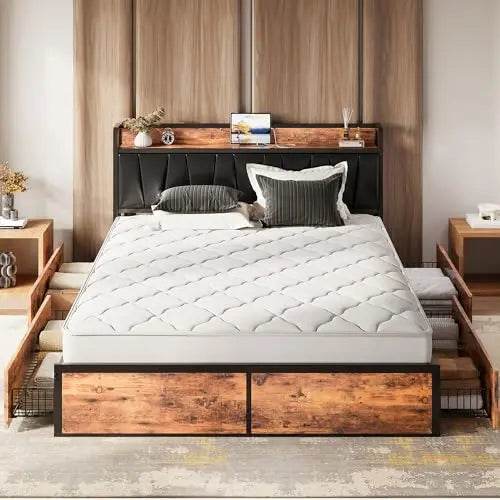 LIKIMIO King/CaliforniaKing Bed Frame with Storage Drawers, Platform Bed with Charged Headboard, No Box Spring Needed - Omega Lifestyles