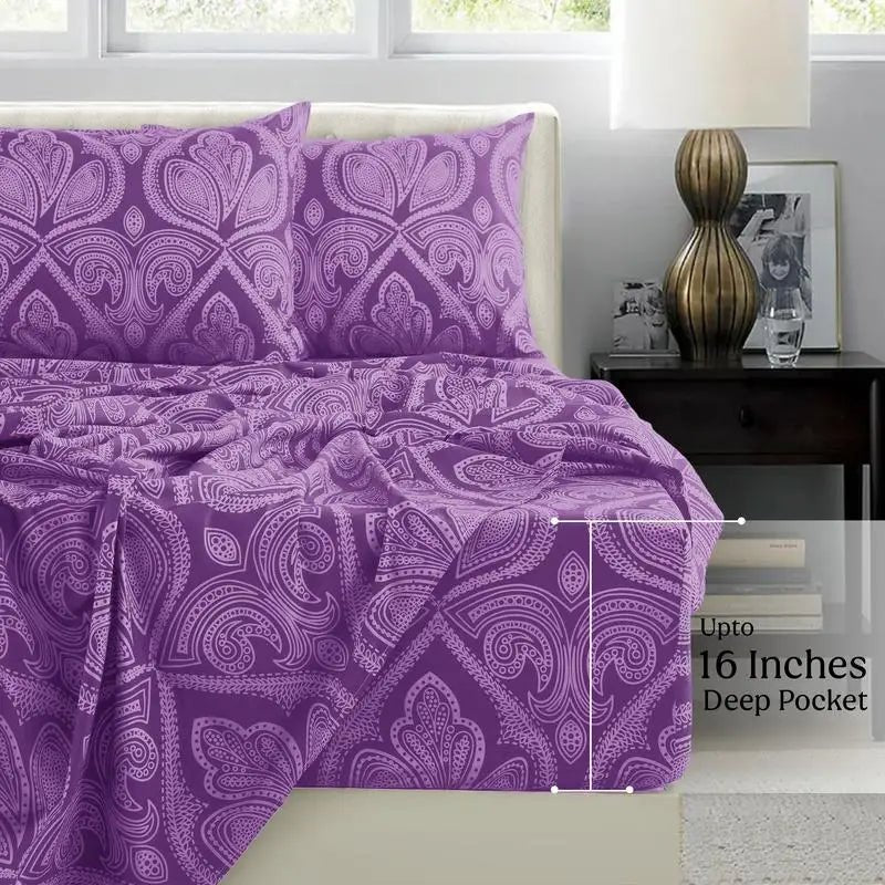 Lux Decor 6Pcs Microfiber Paisley Bed Sheet Set-King Bed Sheet-Hypoallergenic Printed Queen Sheets-16" Deep Pocket Bedding Set - Omega Lifestyles
