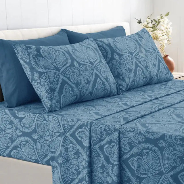 Lux Decor 6Pcs Microfiber Paisley Bed Sheet Set-King Bed Sheet-Hypoallergenic Printed Queen Sheets-16" Deep Pocket Bedding Set - Omega Lifestyles