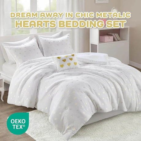 Mi Zone Queen Comforter Set, 4 Piece Metallic Hearts Bedroom Set for Girls, Queen Bed Set Soft Plush Comforter, Rosalie All Seas - Omega Lifestyles