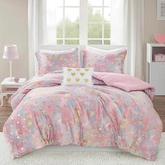 Mi Zone Queen Comforter Set, 4 Piece Metallic Hearts Bedroom Set for Girls, Queen Bed Set Soft Plush Comforter, Rosalie All Seas - Omega Lifestyles