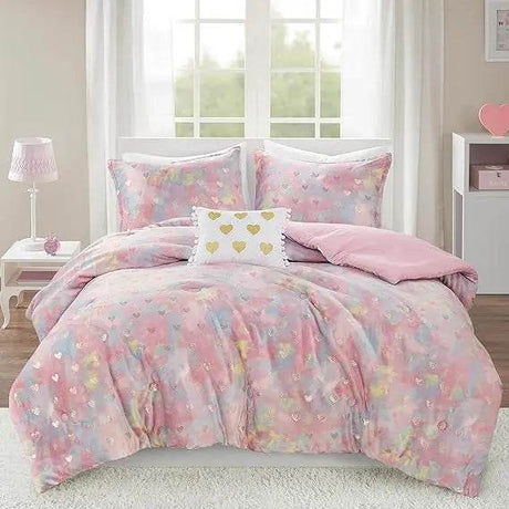 Mi Zone Queen Comforter Set, 4 Piece Metallic Hearts Bedroom Set for Girls, Queen Bed Set Soft Plush Comforter, Rosalie All Seas - Omega Lifestyles