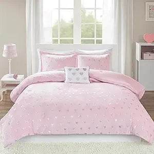 Mi Zone Queen Comforter Set, 4 Piece Metallic Hearts Bedroom Set for Girls, Queen Bed Set Soft Plush Comforter, Rosalie All Seas - Omega Lifestyles
