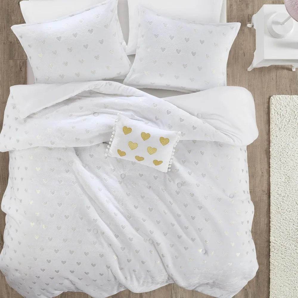 Mi Zone Queen Comforter Set, 4 Piece Metallic Hearts Bedroom Set for Girls, Queen Bed Set Soft Plush Comforter, Rosalie All Seas - Omega Lifestyles