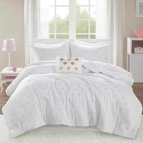Mi Zone Queen Comforter Set, 4 Piece Metallic Hearts Bedroom Set for Girls, Queen Bed Set Soft Plush Comforter, Rosalie All Seas - Omega Lifestyles