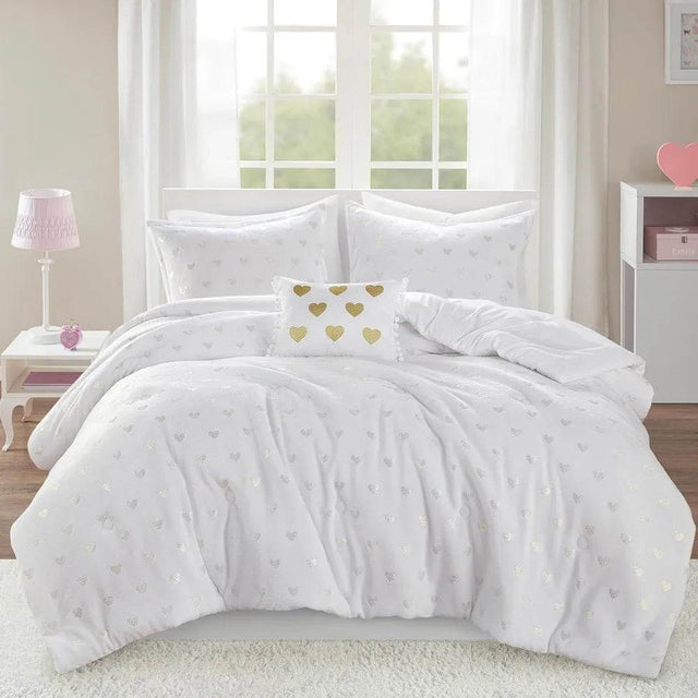 Mi Zone Queen Comforter Set, 4 Piece Metallic Hearts Bedroom Set for Girls, Queen Bed Set Soft Plush Comforter, Rosalie All Seas - Omega Lifestyles