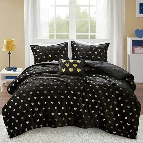 Mi Zone Queen Comforter Set, 4 Piece Metallic Hearts Bedroom Set for Girls, Queen Bed Set Soft Plush Comforter, Rosalie All Seas - Omega Lifestyles