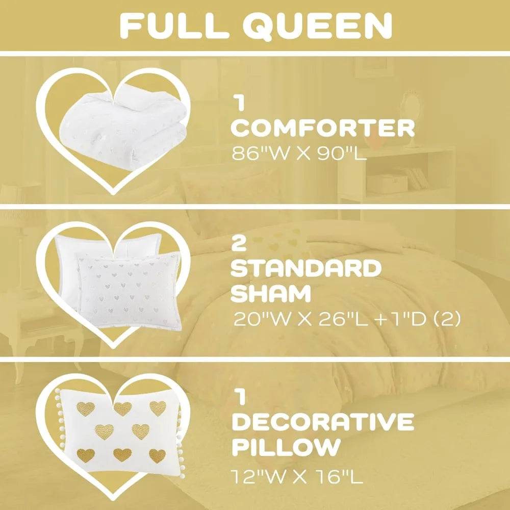 Mi Zone Queen Comforter Set, 4 Piece Metallic Hearts Bedroom Set for Girls, Queen Bed Set Soft Plush Comforter, Rosalie All Seas - Omega Lifestyles
