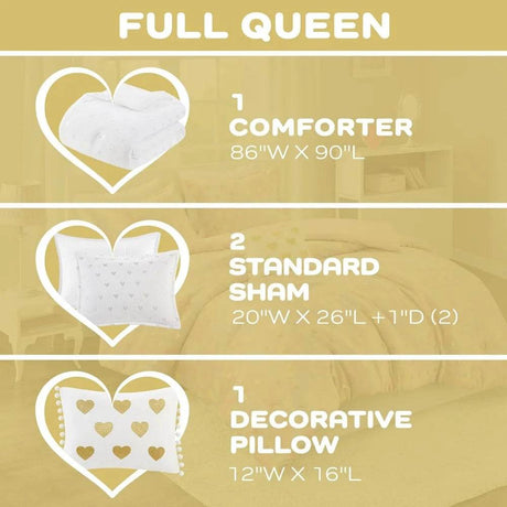 Mi Zone Queen Comforter Set, 4 Piece Metallic Hearts Bedroom Set for Girls, Queen Bed Set Soft Plush Comforter, Rosalie All Seas - Omega Lifestyles