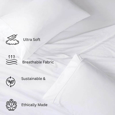 Organic Cotton Queen Sheet Set, 4Pc Cotton Sheets Queen Size Bed Set Soft & Breathable Percale Weave, White - Omega Lifestyles
