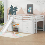 Playful Design Full Size Low Loft Bed with Slide and 3 Storage Drawers, Multiple Functions Wooden Loft Bed Frame with 2 Doors fo - Omega Lifestyles