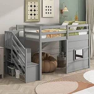 Playful Design Full Size Low Loft Bed with Slide and 3 Storage Drawers, Multiple Functions Wooden Loft Bed Frame with 2 Doors fo - Omega Lifestyles