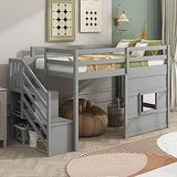 Playful Design Full Size Low Loft Bed with Slide and 3 Storage Drawers, Multiple Functions Wooden Loft Bed Frame with 2 Doors fo - Omega Lifestyles