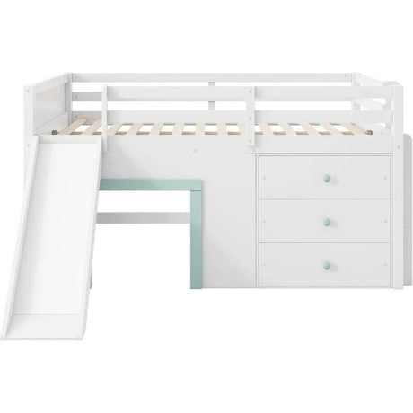Playful Design Full Size Low Loft Bed with Slide and 3 Storage Drawers, Multiple Functions Wooden Loft Bed Frame with 2 Doors fo - Omega Lifestyles