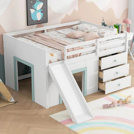 Playful Design Full Size Low Loft Bed with Slide and 3 Storage Drawers, Multiple Functions Wooden Loft Bed Frame with 2 Doors fo - Omega Lifestyles