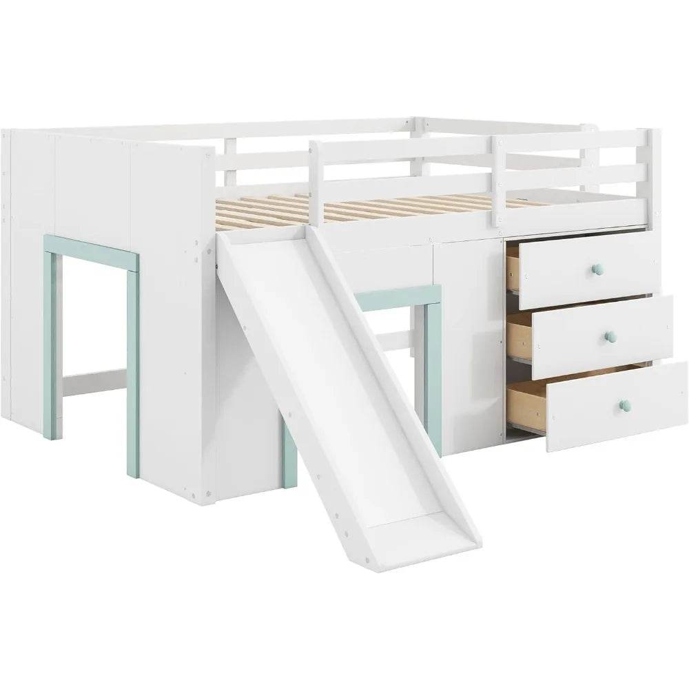 Playful Design Full Size Low Loft Bed with Slide and 3 Storage Drawers, Multiple Functions Wooden Loft Bed Frame with 2 Doors fo - Omega Lifestyles