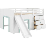 Playful Design Full Size Low Loft Bed with Slide and 3 Storage Drawers, Multiple Functions Wooden Loft Bed Frame with 2 Doors fo - Omega Lifestyles