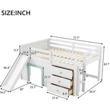 Playful Design Full Size Low Loft Bed with Slide and 3 Storage Drawers, Multiple Functions Wooden Loft Bed Frame with 2 Doors fo - Omega Lifestyles