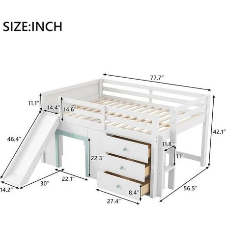 Playful Design Full Size Low Loft Bed with Slide and 3 Storage Drawers, Multiple Functions Wooden Loft Bed Frame with 2 Doors fo - Omega Lifestyles