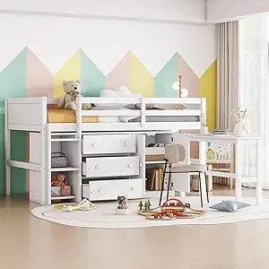 Playful Design Full Size Low Loft Bed with Slide and 3 Storage Drawers, Multiple Functions Wooden Loft Bed Frame with 2 Doors fo - Omega Lifestyles