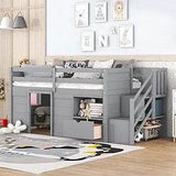 Playful Design Full Size Low Loft Bed with Slide and 3 Storage Drawers, Multiple Functions Wooden Loft Bed Frame with 2 Doors fo - Omega Lifestyles