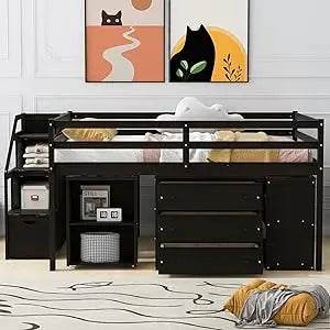 Playful Design Full Size Low Loft Bed with Slide and 3 Storage Drawers, Multiple Functions Wooden Loft Bed Frame with 2 Doors fo - Omega Lifestyles