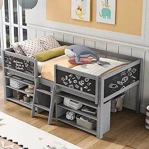 Playful Design Full Size Low Loft Bed with Slide and 3 Storage Drawers, Multiple Functions Wooden Loft Bed Frame with 2 Doors fo - Omega Lifestyles