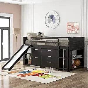 Playful Design Full Size Low Loft Bed with Slide and 3 Storage Drawers, Multiple Functions Wooden Loft Bed Frame with 2 Doors fo - Omega Lifestyles