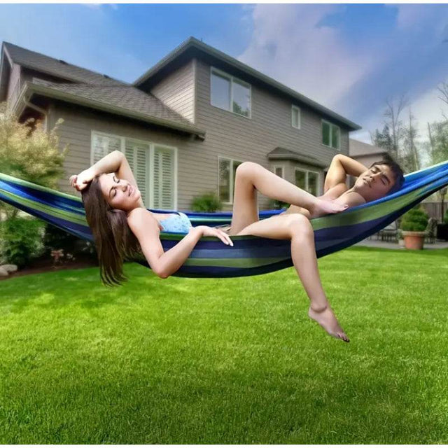 Portable Outdoor Hammock for Garden, Balcony & Backyard - Breathable Anti-Rollover Design, Stable Knots, Blue & Green Striped Fa - Omega Lifestyles