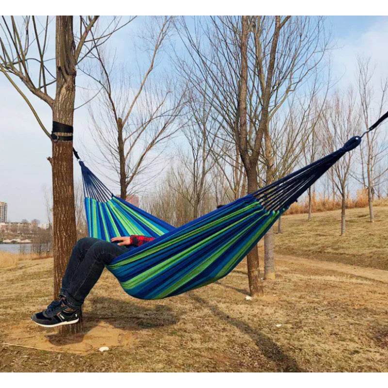 Portable Outdoor Hammock for Garden, Balcony & Backyard - Breathable Anti-Rollover Design, Stable Knots, Blue & Green Striped Fa - Sleep Galleria