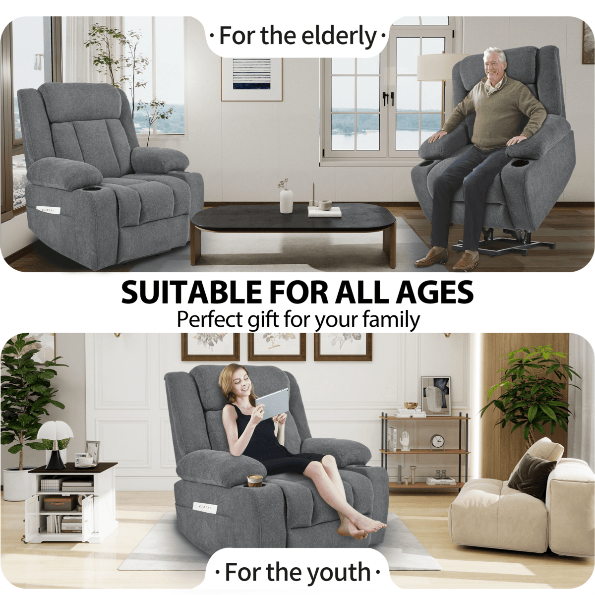 Power Lift Recliner Chair with Extended Footrest - Dark Gray - Sleep Galleria