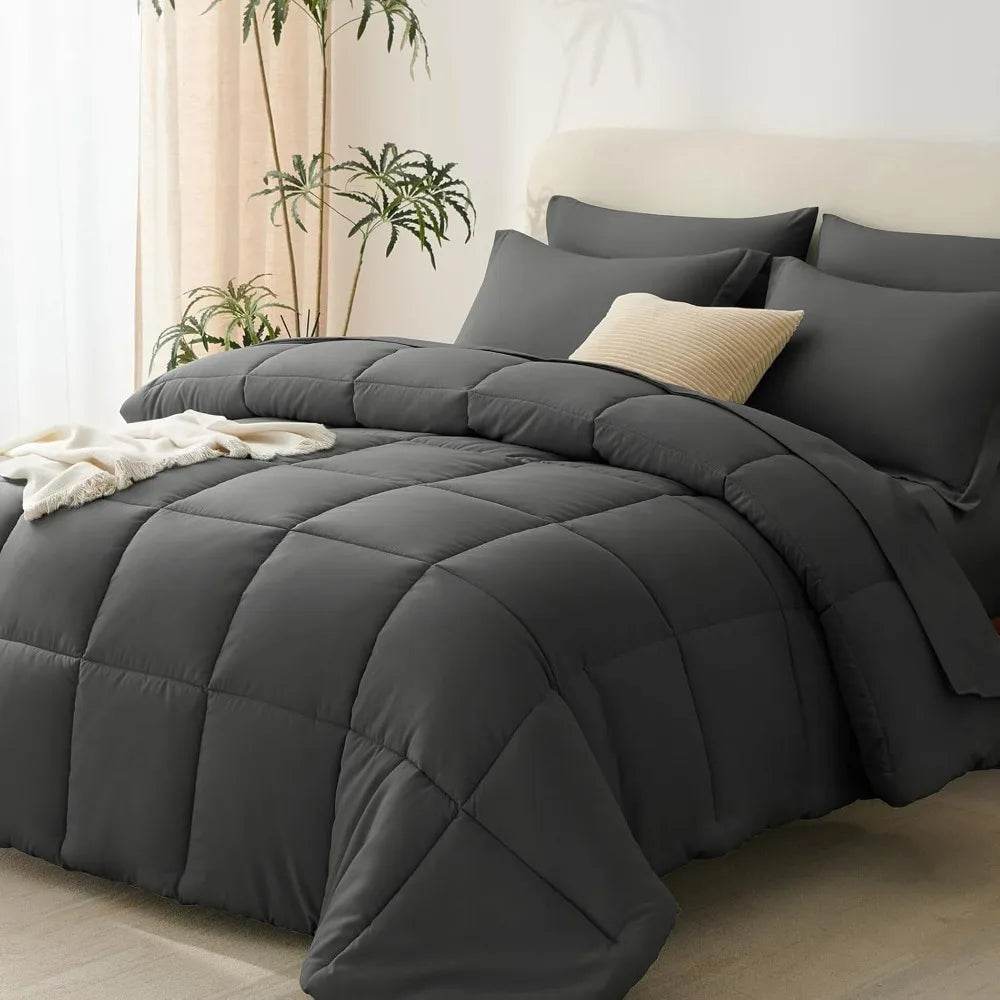 Queen Bed in a Bag 7 Pieces Bed in a Bag Dark Gray Queen Comforter Set Bedding Bed Set for All Season with Comforter, Flat Shee - Omega Lifestyles