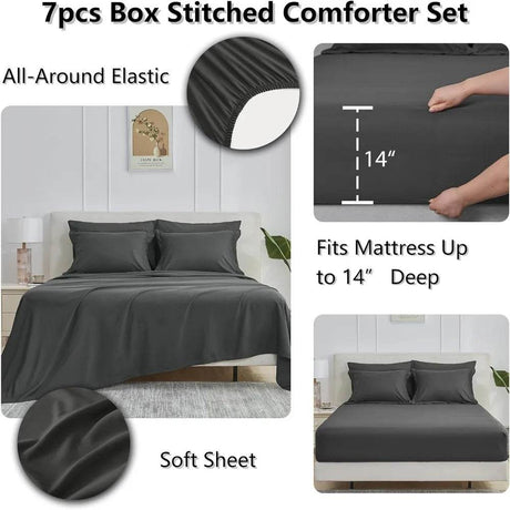 Queen Bed in a Bag 7 Pieces Bed in a Bag Dark Gray Queen Comforter Set Bedding Bed Set for All Season with Comforter, Flat Shee - Omega Lifestyles