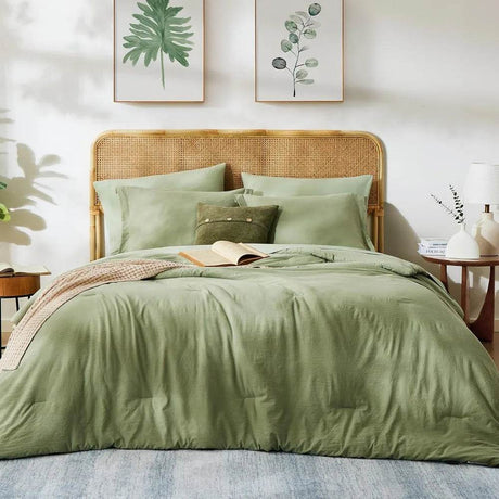 Queen Comforter Set - 7 Pieces Sage Green Soft Bed in a Bag Queen with Fitted Sheet, Flat Sheet, 2 Pillow Shams, and 2 Pillowca - Omega Lifestyles