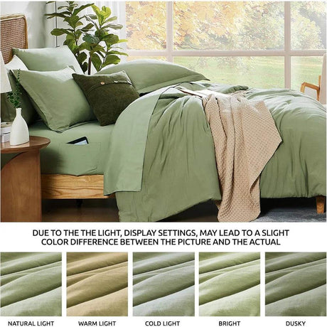 Queen Comforter Set - 7 Pieces Sage Green Soft Bed in a Bag Queen with Fitted Sheet, Flat Sheet, 2 Pillow Shams, and 2 Pillowca - Omega Lifestyles
