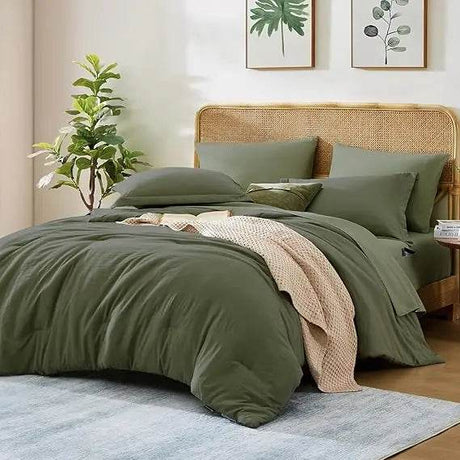 Queen Comforter Set - 7 Pieces Sage Green Soft Bed in a Bag Queen with Fitted Sheet, Flat Sheet, 2 Pillow Shams, and 2 Pillowca - Omega Lifestyles