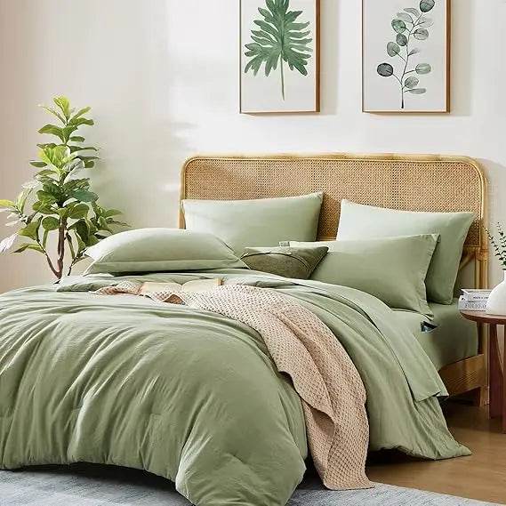 Queen Comforter Set - 7 Pieces Sage Green Soft Bed in a Bag Queen with Fitted Sheet, Flat Sheet, 2 Pillow Shams, and 2 Pillowca - Omega Lifestyles