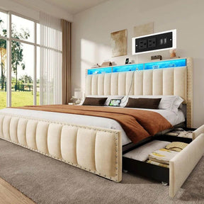 Queen Size Bed Frame with 4Storage Drawers and RGB LED Lights, Velvet Upholstered Platform Bed with Charging Station and Storage - Omega Lifestyles