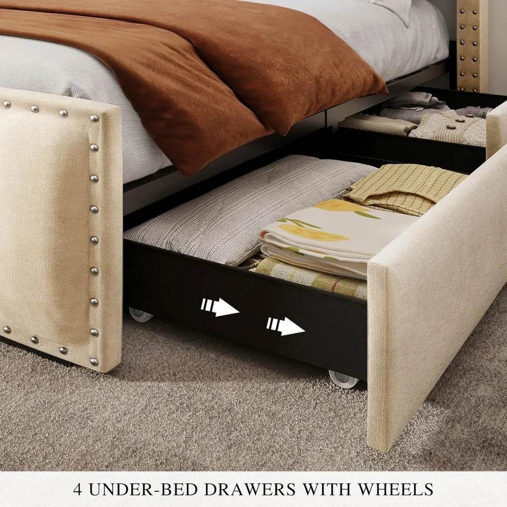 Queen Size Bed Frame with 4Storage Drawers and RGB LED Lights, Velvet Upholstered Platform Bed with Charging Station and Storage - Omega Lifestyles