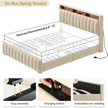 Queen Size Bed Frame with 4Storage Drawers and RGB LED Lights, Velvet Upholstered Platform Bed with Charging Station and Storage - Omega Lifestyles