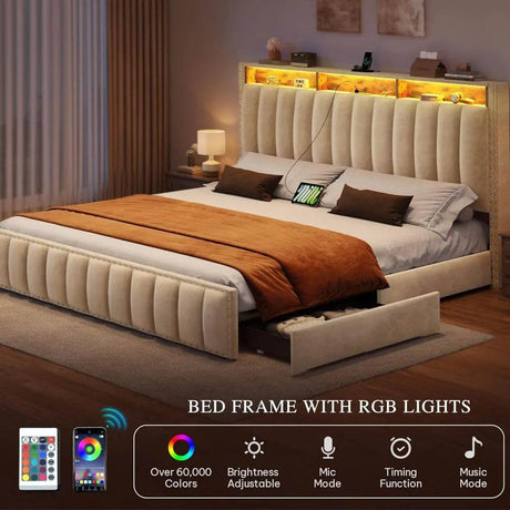 Queen Size Bed Frame with 4Storage Drawers and RGB LED Lights, Velvet Upholstered Platform Bed with Charging Station and Storage - Omega Lifestyles