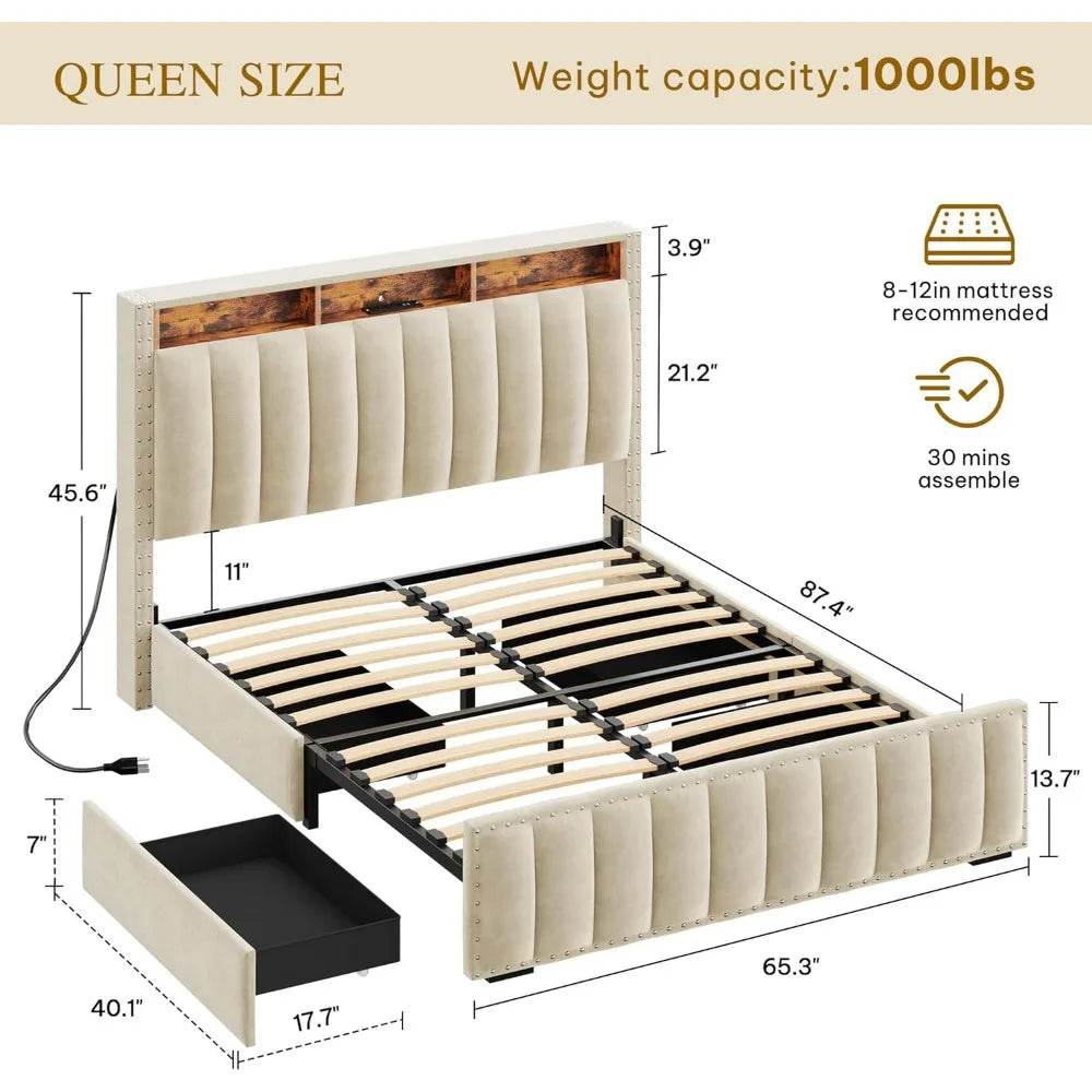 Queen Size Bed Frame with 4Storage Drawers and RGB LED Lights, Velvet Upholstered Platform Bed with Charging Station and Storage - Omega Lifestyles