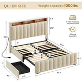 Queen Size Bed Frame with 4Storage Drawers and RGB LED Lights, Velvet Upholstered Platform Bed with Charging Station and Storage - Omega Lifestyles