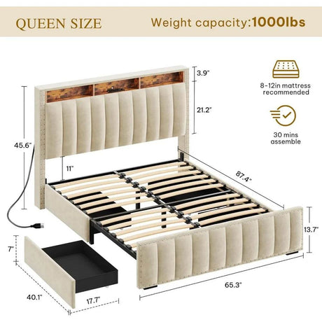 Queen Size Bed Frame with 4Storage Drawers and RGB LED Lights, Velvet Upholstered Platform Bed with Charging Station and Storage - Omega Lifestyles